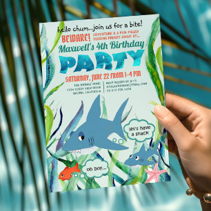 Invitación Fiesta de Cumpleaños Mordisco de Tiburón Bajo el M