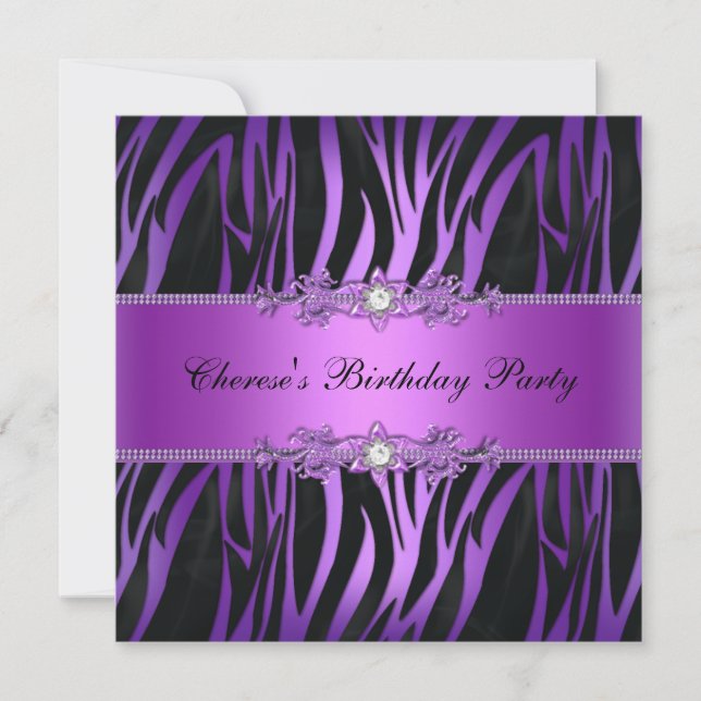 Invitación Fiesta de cumpleaños Morple Black Zebra Diamante (Anverso)