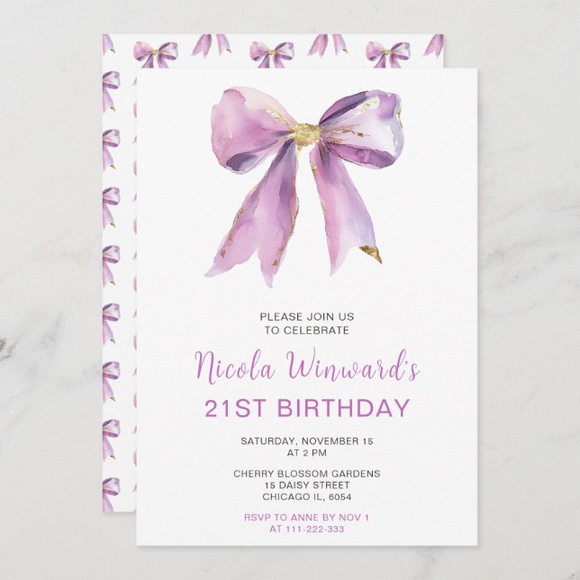 Invitación Fiesta de cumpleaños Morple Coquette Bow (Anverso / Reverso)