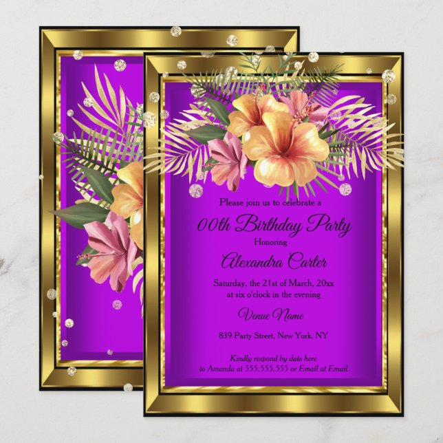 Invitación Fiesta de cumpleaños Morple Gold Floral Hibiscus (Anverso / Reverso)
