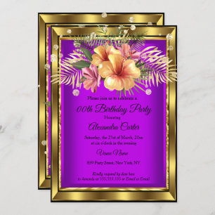 Invitación Fiesta de cumpleaños Morple Gold Floral Hibiscus