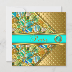 Invitación Fiesta de Cumpleaños Mosaico Dorado Verde Azul Dor