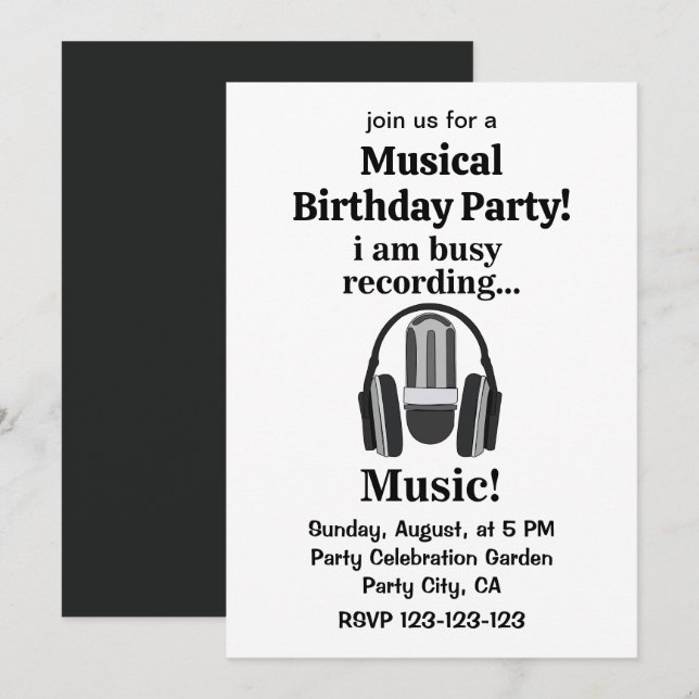 Invitación Fiesta de Cumpleaños Musical con Micrófono y Auric (Anverso / Reverso)