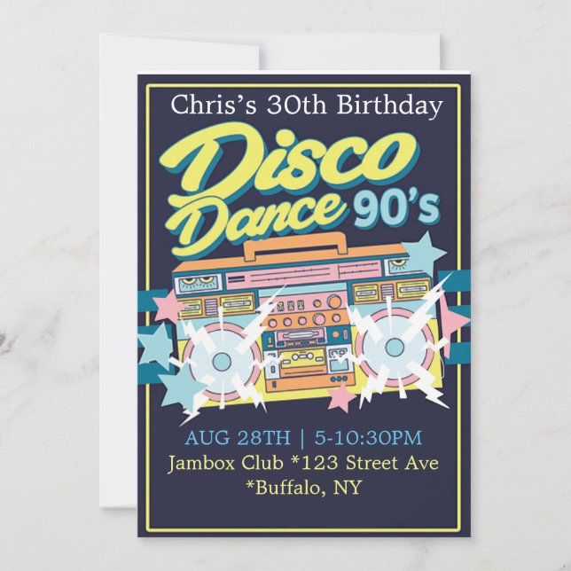 Invitación Fiesta de cumpleaños musical de los 90 (Anverso)