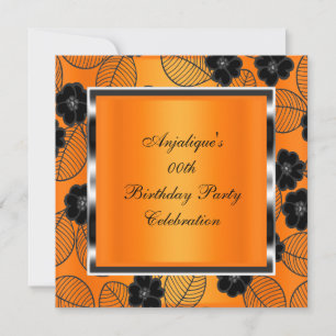 Invitación Fiesta de Cumpleaños Naranja Damask Plata Negro
