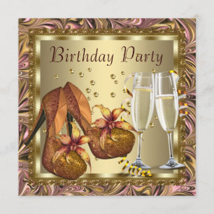 Invitación Fiesta de cumpleaños naranja rosa dorado para muje