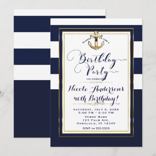 Invitación Fiesta de Cumpleaños Náutica Ancla Blanco y Dorado