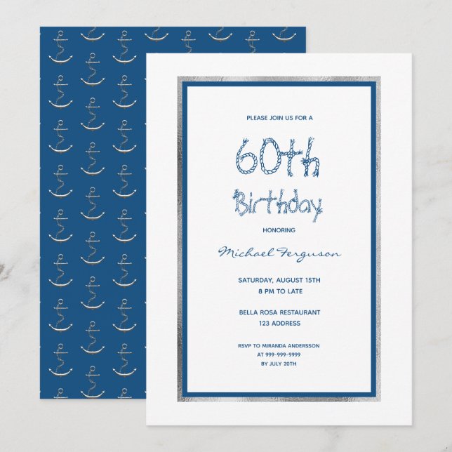 Invitación Fiesta de cumpleaños naútica azul blanco de plata (Anverso / Reverso)