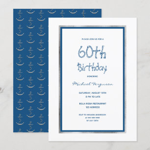 Invitación Fiesta de cumpleaños naútica azul blanco de plata