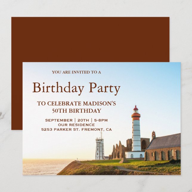 Invitación Fiesta de cumpleaños náutica escénica del faro (Anverso / Reverso)
