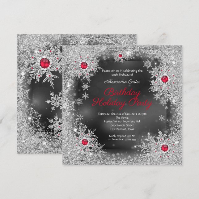 Invitación Fiesta de cumpleaños navideña copo de nieve platea (Anverso / Reverso)