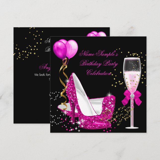 Invitación Fiesta de cumpleaños negra con brillo dorado rosa  (Anverso / Reverso)