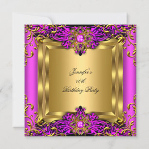 Invitación Fiesta de Cumpleaños Negra con Dorado y Rosa Brill