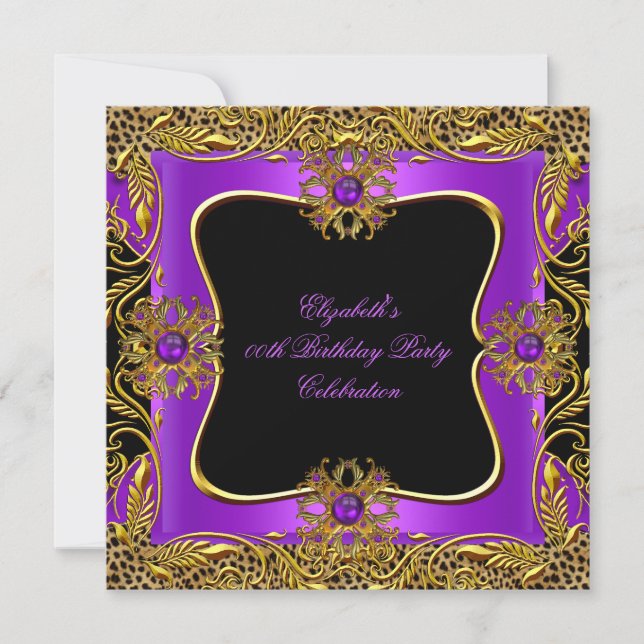 Invitación Fiesta de Cumpleaños Negra con Joyas de Oro Púrpur (Anverso)