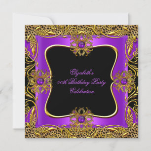 Invitación Fiesta de Cumpleaños Negra con Joyas de Oro Púrpur