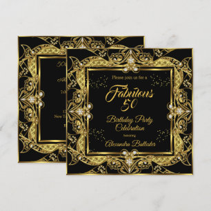 Invitación Fiesta de cumpleaños negra con joyas doradas Fabul
