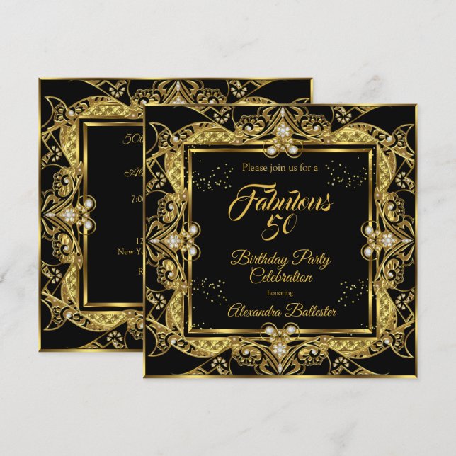 Invitación Fiesta de cumpleaños negra con joyas doradas Fabul (Anverso / Reverso)