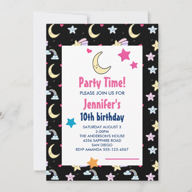Invitación Fiesta de Cumpleaños Negra con Patrón de Luna, Est (Anverso)