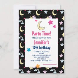 Invitación Fiesta de Cumpleaños Negra con Patrón de Luna, Est