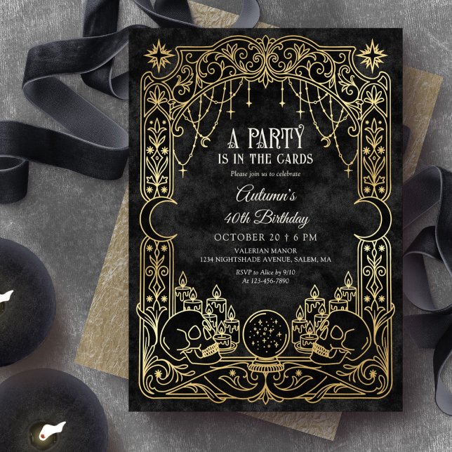 Invitación Fiesta de cumpleaños negra de bruja de Tarot Hallo (Subido por el creador)