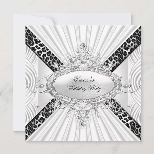 Invitación Fiesta de Cumpleaños Negra Diamante Leopardo Blanc (Anverso)