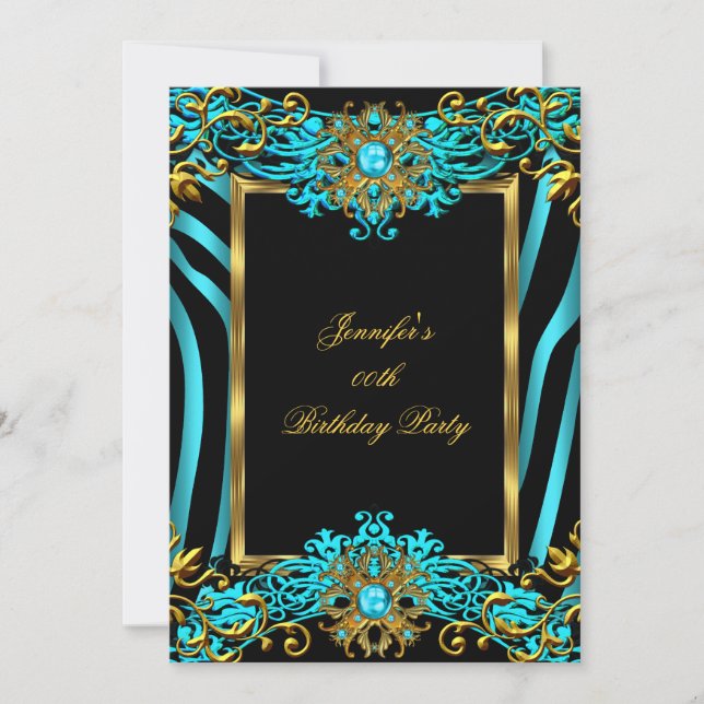 Invitación Fiesta de Cumpleaños Negra Dorada Cebra Azul Turqu (Anverso)