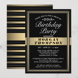 Invitación Fiesta de cumpleaños negra, dorada y blanca con Dr