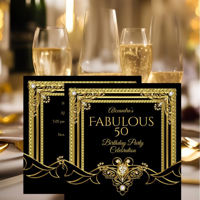 Invitación Fiesta de Cumpleaños Negra Joyas Doradas Fabulosas (Subido por el creador)