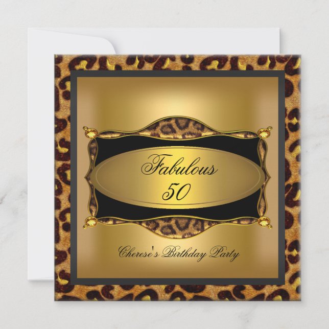 Invitación Fiesta de Cumpleaños Negra Leopardo Dorado 50º (Anverso)