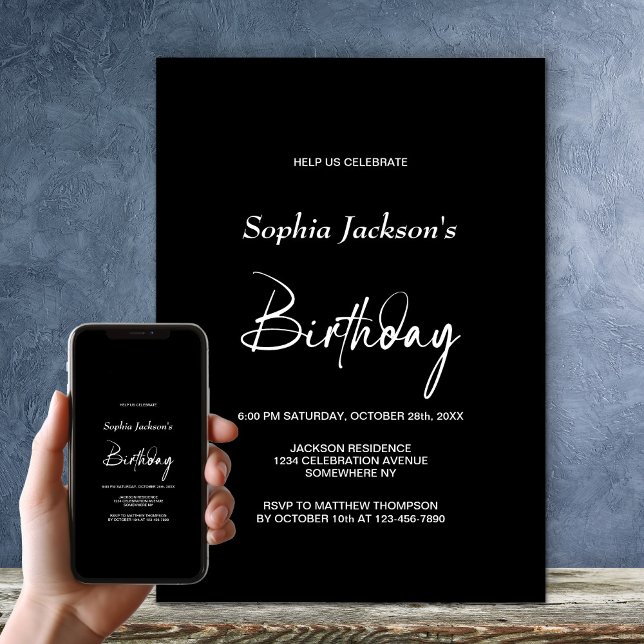 Invitación Fiesta de cumpleaños negra minimalista (Subido por el creador)