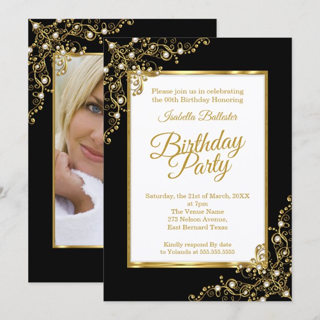 Invitación Fiesta de cumpleaños negra oro blanca foto (Anverso / Reverso)
