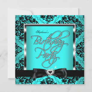 Invitación Fiesta de Cumpleaños Negra Plateada Damasco Azul T