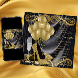 Invitación Fiesta de cumpleaños negra y dorada glamour de Hol