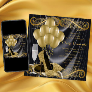 Invitación Fiesta de cumpleaños negra y dorada glamour de Hol