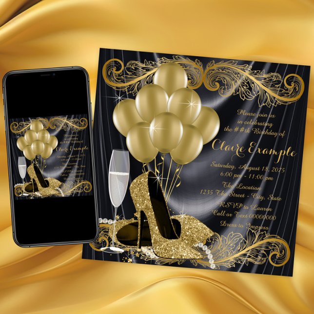 Invitación Fiesta de cumpleaños negra y dorada glamour de Hol (Black gold high heel shoe birthday party invitation with gold shoes, balloons, pearls on satin back.)