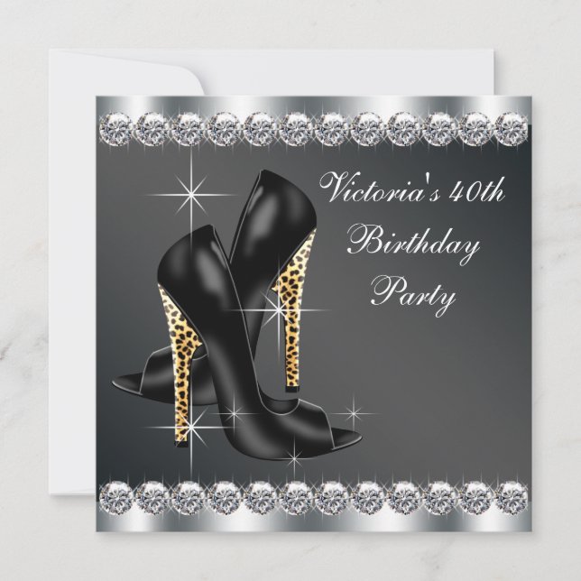 Invitación Fiesta de cumpleaños negra y elegante para mujer (Anverso)