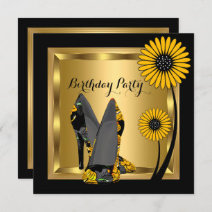 Invitación Fiesta de cumpleaños negro amarillo floral de zapa