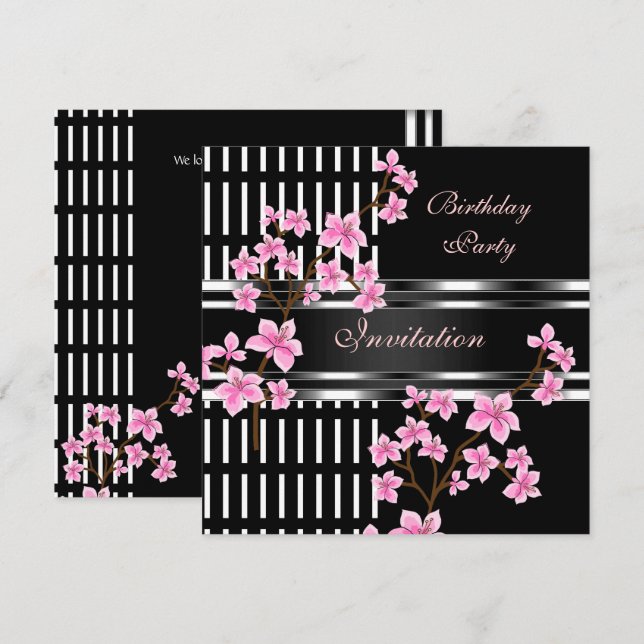 Invitación Fiesta de Cumpleaños Negro Blanco Asiático Flor de (Anverso / Reverso)