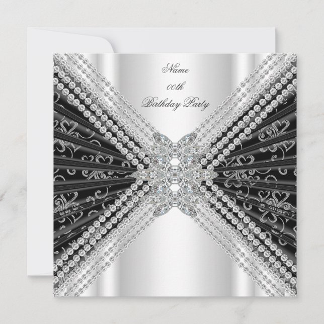 Invitación Fiesta de Cumpleaños Negro Blanco Brillo Diamante (Anverso)