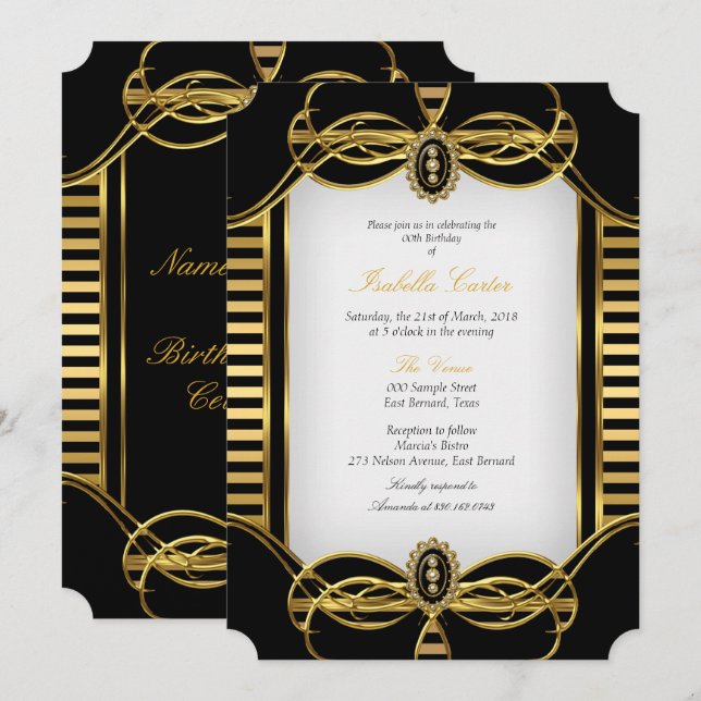 Invitación Fiesta de Cumpleaños Negro Blanco Dorado con Rayas (Anverso / Reverso)