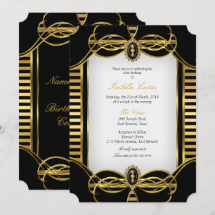 Invitación Fiesta de Cumpleaños Negro Blanco Dorado con Rayas