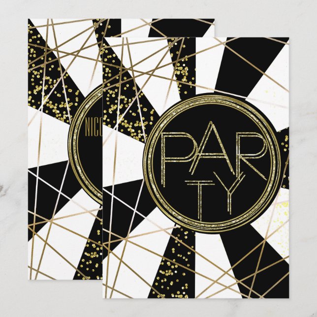 Invitación Fiesta de cumpleaños negro blanco oro Glam Deco mo (Anverso / Reverso)