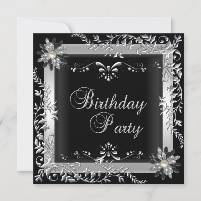Invitación Fiesta de Cumpleaños Negro Blanco Plata (Anverso)
