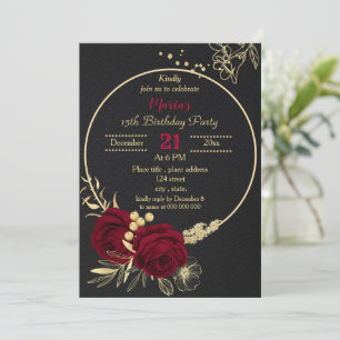 Invitación fiesta de cumpleaños negro con círculo floral de o