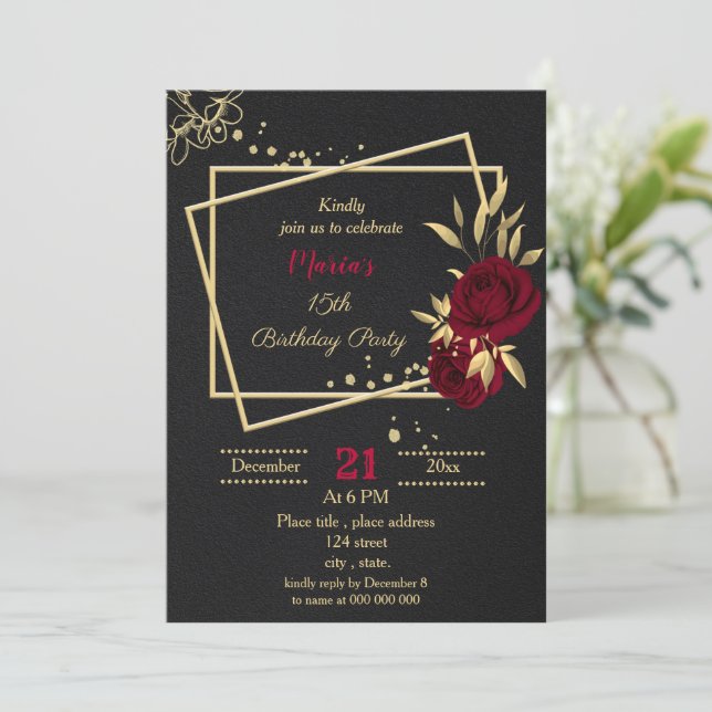 Invitación fiesta de cumpleaños negro con flores de oro burde (Anverso de pie)