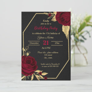 Invitación fiesta de cumpleaños negro con flores de oro burde