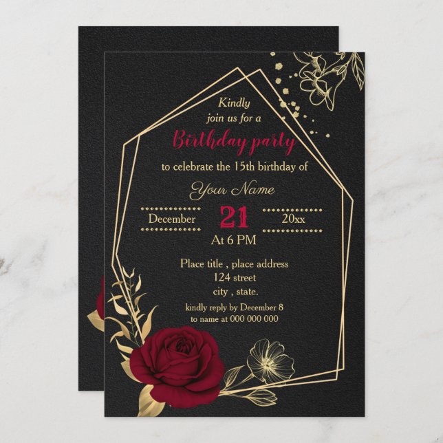 Invitación fiesta de cumpleaños negro con flores de oro burde (Anverso / Reverso)