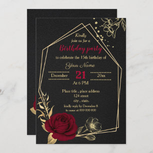 Invitación fiesta de cumpleaños negro con flores de oro burde