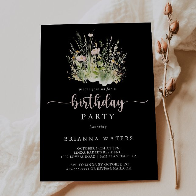 Invitación Fiesta de cumpleaños negro de Greenery Boho Wildfl (Subido por el creador)