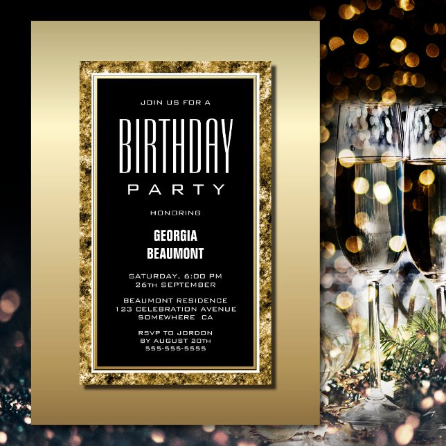 Invitación Fiesta de cumpleaños negro de marco dorado (Subido por el creador)